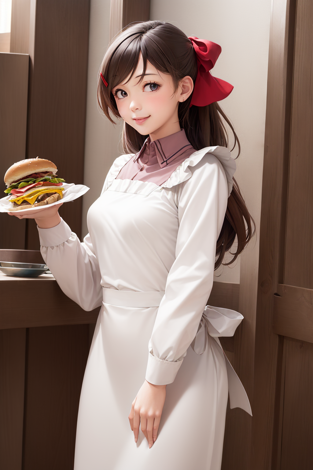 00039-2969324370-(masterpiece, best quality_1.2), , cowboy shot, solo, 1girl, mamiya, smile, looking at viewer, holding tray, burger, ahoge, hair.png